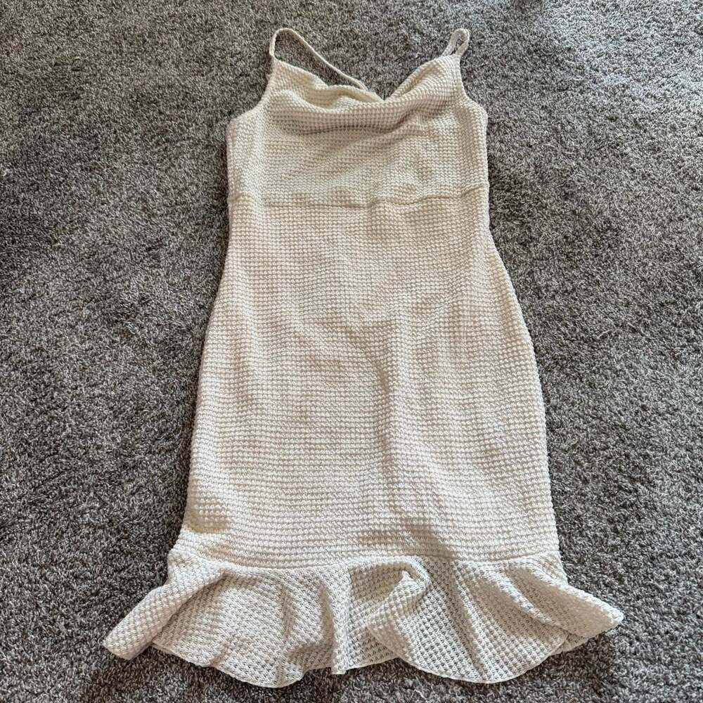 Grefit Cream Waffle Knit Mini Dress, Boho Ruffle Hem Festival Sundress, Size L